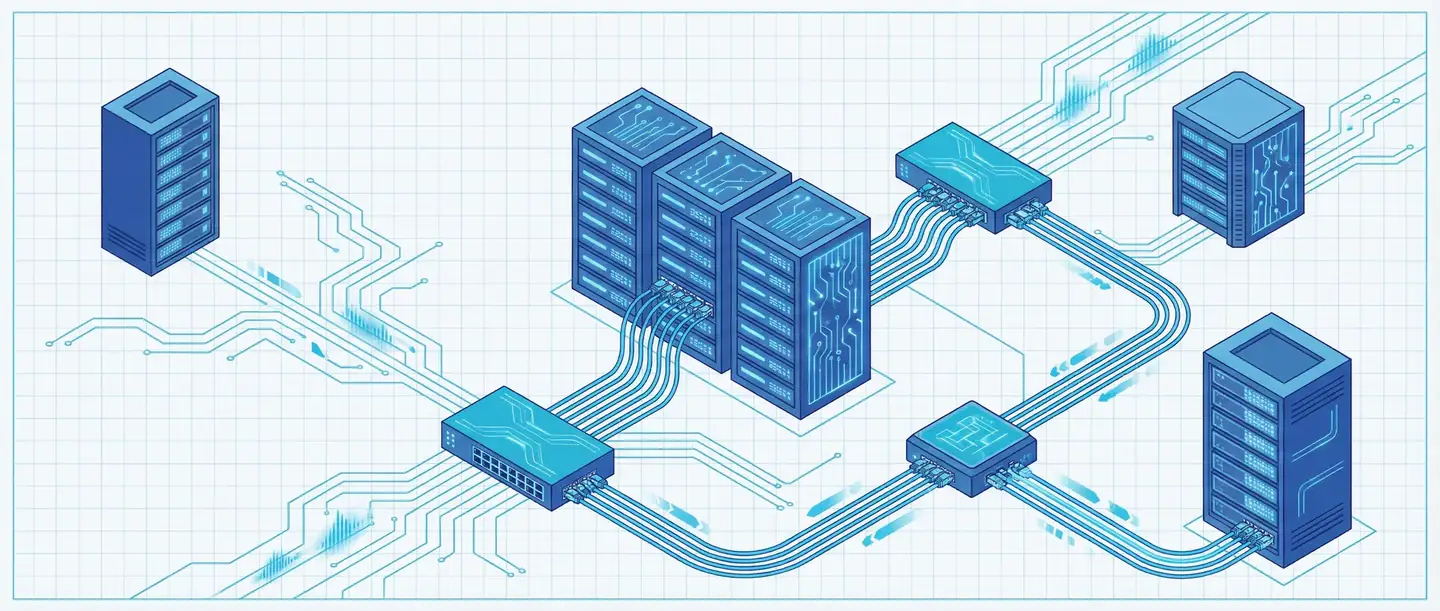 Blueprint illustration of servers and connected IT infrastructure